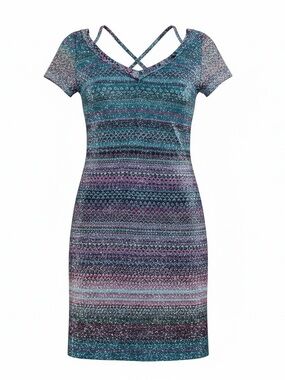Vintage 90s Teal and Purple metallic Striped Midi Dress with Crisscross Straps